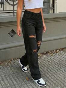 Women's Boyfriend Ripped Loose Straight Jeans - Black - View 4
