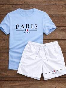 Men's Streetwear Set: T-Shirt And Shorts, Tectel Shirt, Paris Style, 100% Premium Cotton - 淺藍色T卹/白色短褲 - 查看 1