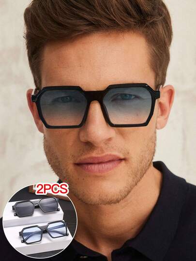 两副男士欧美复古厚框多边形眼镜，双色镜片，街头时尚眼镜，附赠眼镜盒