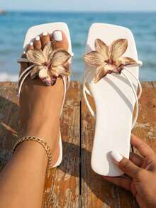 planare 新款女士黄色花卉装饰平底人字拖凉鞋，白色休闲平底拖鞋，百搭沙滩度假婚礼季夏季舒适日常时尚女鞋 - 白色加黃色花 - 查看 7