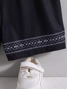 2 Stücke/Set Jungen Lässig Ausgehmode Bedrucktes Dekor Knopfdesign Stehkragen Kurzarm Top und Elastischer Bund Shorts mit Fake Kordel, Frühling/Sommer - Weiss - Übersicht 10