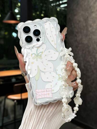 Funda protectora compatible con iPhone 17/17 Pro/17 Pro Max, 16/16 Pro/16 Pro Max/16 Plus, 10 con estampado floral, borde ondulado trenzado, transparente, cadena plana impresa, colorida y antideslizante