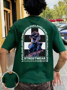 FRACTYR 男士夏季时尚简约街头元素印花圆领短袖T恤 | 百搭街头休闲上衣，男友/老公礼物 - 墨綠色 - 查看 2