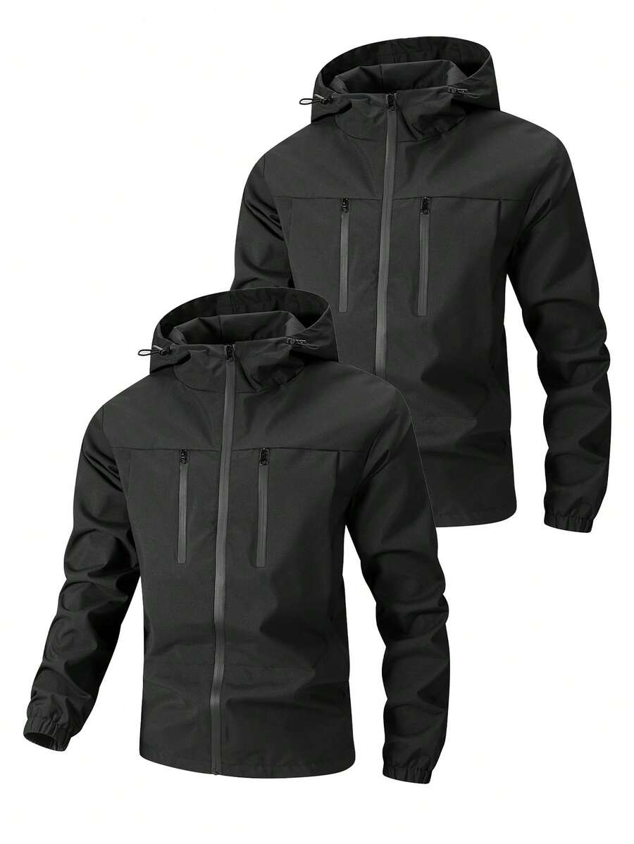 2pcs Men's Casual Fashion Outdoor Hooded Jacket - Black - View 1