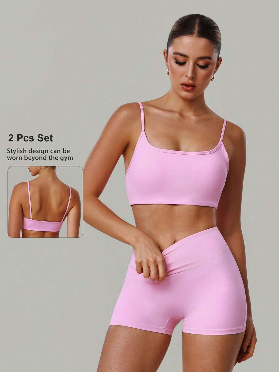 2 PCS CO Ord Set Women's Classic Spaghetti Strap Backless Sports Bra And High Waist Deep V Butt Lift Line Running Fitness Cycling Short Pink - 粉色 - 查看 1