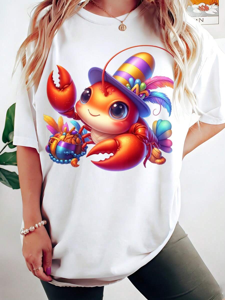Cute Lobster Wearing Hat And Feathers Graphic Tee For Festive Occasions, 220g - White - View 1