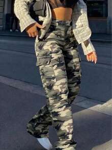 Spring Summer Women's Casual Y2K Streetwear Style Flap Pocket Camouflage Cargo Pants, Fashionable Long Pants For Daily, Date, Carnival, Business, Vacation - 軍綠色 - 查看 5