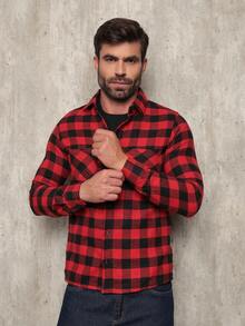 Men's Flannel Plaid Shirt, Long Sleeve Blouse - 紅色 - 查看 4