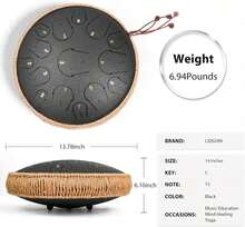 Steel Tongue Drum - 14 Inch 15 Note Tongue Drum - Hand Pan Drum With Music Book, Handpan Mallets And Carry Bag, C Major, Black - ColorA - 查看 6