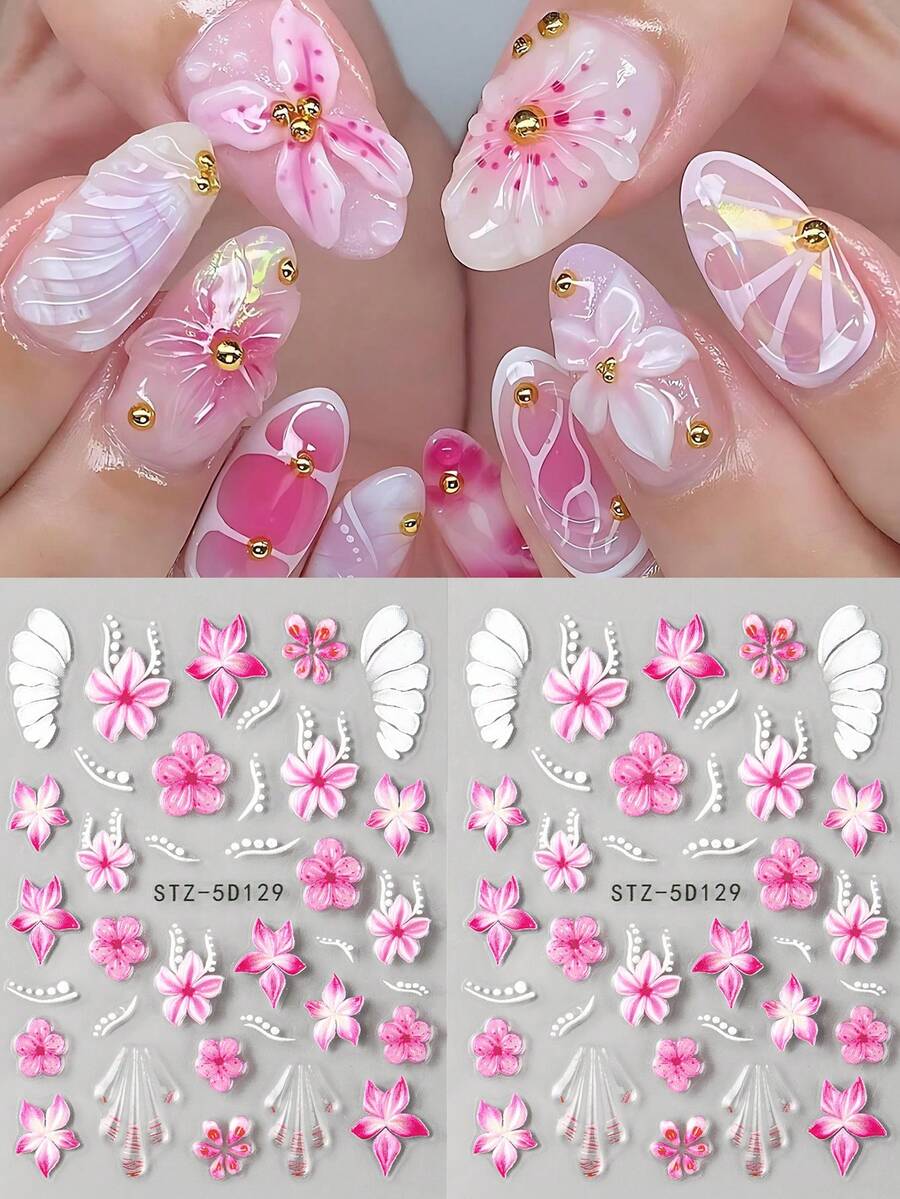 2片5D立体粉色樱花美甲贴纸，3D立体绽放花瓣，法式线条雕刻美甲贴花，婚礼美甲DIY用品