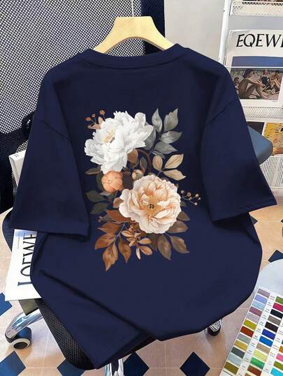 Camiseta casual de manga corta con cuello redondo y estampado floral para mujer de talla grande, adecuada para vacaciones de verano, Año Nuevo, Día de San Valentín, Día de la Madre y otras ocasiones