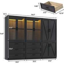 75" Tall Farmhouse 2/4/6 Doors Armoire Wardrobe Closet With Drawers And LED,Freestanding Closet Wardrobe Cabinet For Bedroom With Hanging Rod,Wooden Armoire Storage Cabinet With Adjustable Shelve - 黑色 - 查看 9