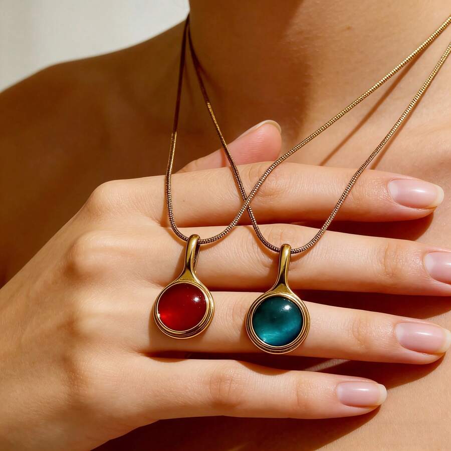 1 chiếc vòng cổ mặt dây chuyền hình mắt mèo bằng thép không gỉ kiểu cổ điển, mạ vàng, phù hợp cho cả ngày thường và dự tiệc. - Vàng - Xem 1