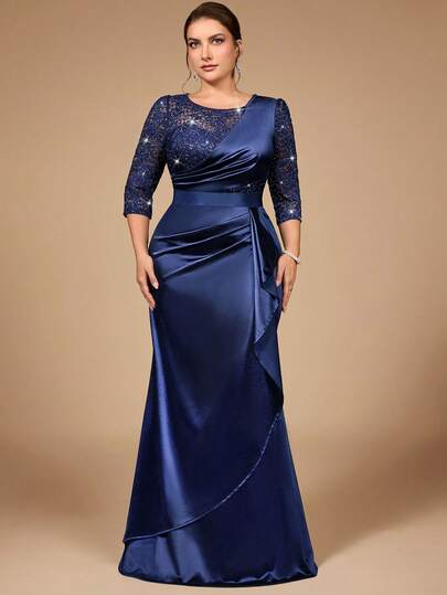 Sequin Floral Lace 3/4 Sleeve Contrast Ruched Satin Ruffle Hem Maxi Formal Party Dress, Suitable For Wedding Guest, Spring, Birthday, Graduation, Homecoming