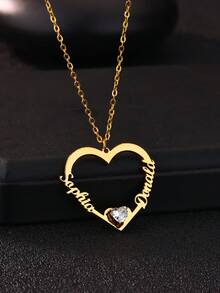 Custom Two Names Heart Charm Inlay Birthstone Necklace Personalized Women's Stainless Steel Necklaces Customized Month Stone Jewelry Valentine's Day Gifts Daily Wear - Multicolor - View 5