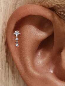 1Pc 925 Sterling Silver Moissanite Romantic Stars And Moon Stud Earring Flat Back Cartilage Helix Piercing Suitable For Women'S Daily Wear, Parties, Wedding, And Banquet Occasions - Silver - View 9