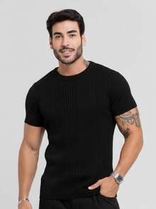 TRICOT DE LUXO Men's T-Shirt/Knit Sweater With Ribbed Details, Chic, Lightweight, High Quality, Spring, Summer, Autumn - 黑色 - 查看 4