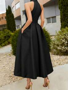 女士优雅系腰A字连衣裙，春夏/夏秋新款，无袖V领，适合办公室/通勤穿着 - 黑色 - 查看 5