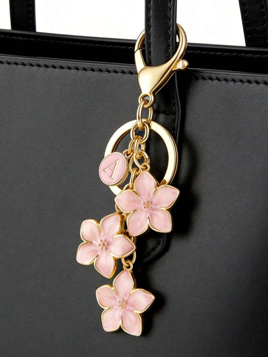 字母與花卉風格鑰匙圈 A-Z 設計，花卉包飾吊飾，優雅字母吊墜，櫻花琺瑯鑰匙圈，汽車配件時尚飾品，適用於鑰匙圈、包包、錢包，精緻珠寶禮物，適合女孩、女性或女士，適用於生日、情人節、復活節、週年紀念、畢業典禮等場合