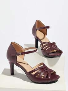 Women Twist Knot Stiletto Sandals Open Toe Ankle Strap Dress Heels Party Shoes - Burgundy - View 9