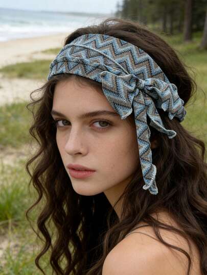 1Pc Colorful Wave Bow Ribbon Headband, Bohemian Retro Style, Stretch Elegant Hair Accessory