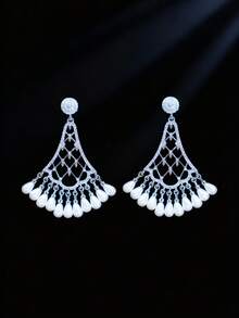 SEQUITO 1 Pair Modern Brides Ear Jewelry Gold Plated Skirt Shape Tassel Drop Hollow Dangle Earrings With Pearl For Daily Party - 5.2cm - View 10