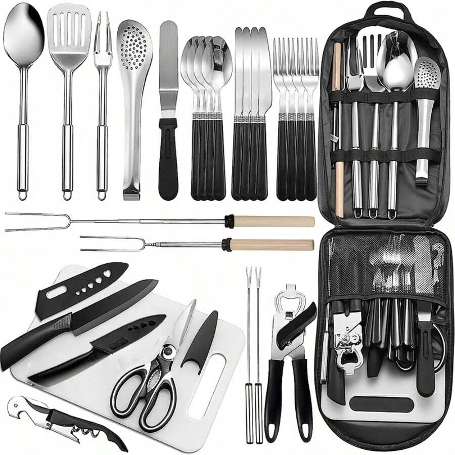 10/27Pcs Camping Kitchen Utensil Cookware Kit, 304 Stainless Steel Material Outdoor Cooking And Grilling Utensil Organizer Travel Set Perfect For Travel, Picnics, RVs, Camping, BBQs, Parties And More