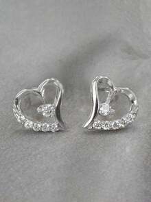 1 Pair Romantic Cubic Zirconia Heart Stud Earrings For Women For Wedding Engagement Anniversary Jewelry Valentine's Day Gift - Silver - View 3