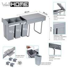 Interior Contenedor de reciclaje para mueble de cocina, Cubos de basura bajo fregadero 3x10L, fijación inferior y extracción manual, cubos extraíbles, con tapa - Gris 6 - Ver 2