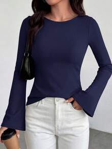 Women Casual Bell Long Sleeve Boat Neck Solid Color Fitted Shirts Spring Fall Autumn Y2K Club Going Out Tops Clothes - Màu xanh hải quân - Xem 1