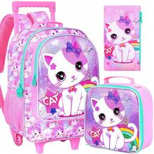 3PCS Girls Rolling Backpack, Cute Cat Roller Wheels Kids Bookbag - Wheeled Elementary School Bag - Cat - Pink - View 2