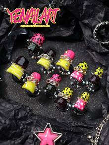 10 piezas Juego de uñas postizas de arte, que incluye estilos de estampado amarillo, negro, de contraste, leopardo, cebra, cuadros, cadena, remache, mármol y talla grande estilos Y2K, adecuados para uso diario y fiestas/celebraciones para mujeres. Incluye 1 lima de uñas mini y 1 hoja de pegatinas, accesorios de uñas punk rock perfectos para el verano y una excelente opción de regalo. - Multicolor - Ver 4