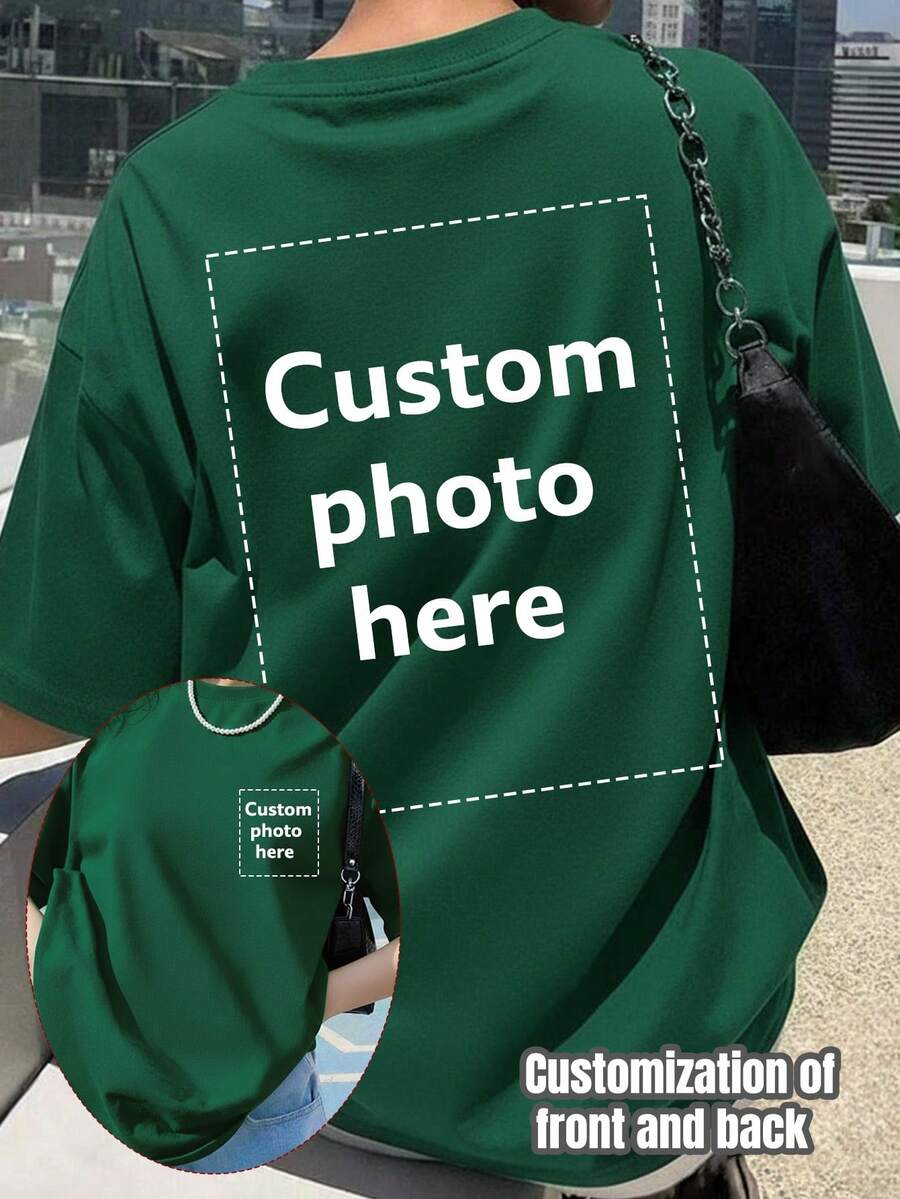 Áo thun nữ thiết kế theo yêu cầu - Thêm chữ và ảnh của bạn (Dạng ngang/Huy hiệu/Cặp đôi/Gia đình/Selfie/Thú cưng), in hai mặt. - màu xanh lá - Xem 1