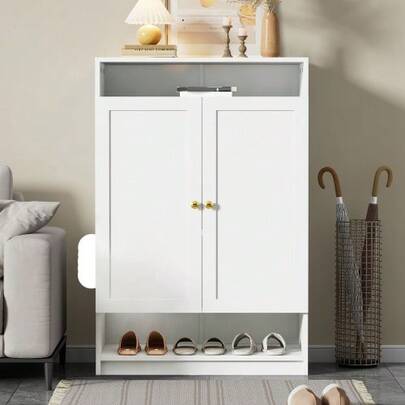 Modern Schuhschrank, Mit Verstellbaren Regalen, Goldenen Griffen, Schuhkommode Mit 2 Türen, White, B73/D34/H109