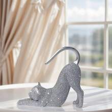 1件猫咪摆件，猫咪雕像家居装饰，树脂懒猫伸展雕塑，镶嵌闪亮水晶，桌面摆件，送给爱猫人士的创意礼物，适合圣诞节、万圣节、生日等场合 - 懶貓 - 查看 6