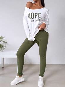 ChicMe 2pcs Women's "NOPE Not Today" Slogan Print Asymmetrical Neck Long Sleeve Sweatshirt And Drawstring Waist Skinny Pants Set - Green - View 5