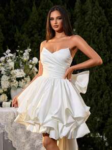 White Woven Fabric Strapless Multi-Layer Maxi Dress, Zipper Closure, Bridal Gift, Party Style - White - View 2