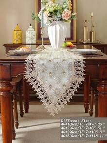 ABEST6522 Home&Living store 1pc Double Layer Fabric Lace Trimmed Table Runner, Dimensional Embroidery With Golden Thread For Kitchen, Dining, Study Tables, Home Decoration, Festivals And Parties, Indoor/Outdoor Use - Multicolor - View 15