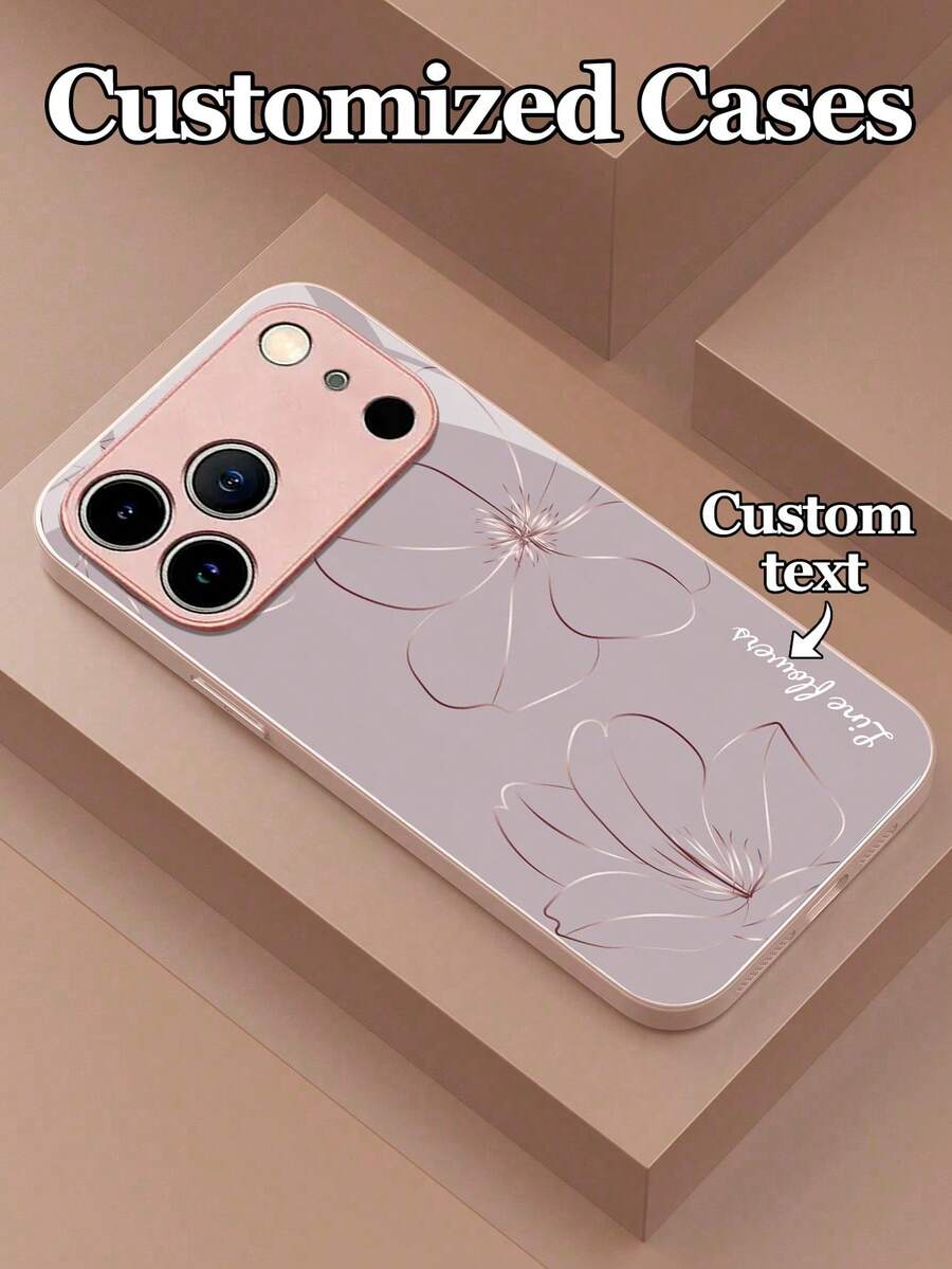 1pc Customizable Text With Gray Background, Rose Gold Line Floral Design TPU+PC Tempered Glass Material Phone Case Compatible With IPhone 17 Pro Max/17 Air/16 Pro Max/15 Pro/14 Plus/13 Pro/12 Pro Max/11/Xs Max/8/7/6 Plus, S24 Ultra/S25 Ultra/A12/A55/A31/A22, UV High-Definition Printing, Business Creative Elegant, Fashionable Luxury, Holiday Party Gift, Pink High-End Protective Case - Pink - View 1