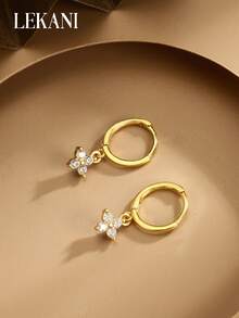 1 Pair S925 Sterling Silver Clover Zirconia Earrings, Delicate Minimalist Luxury Earrings For Women, Versatile Jewelry Gift For Mother, Girlfriend, Friend, Couple, Daily Wear - Gold - View 5