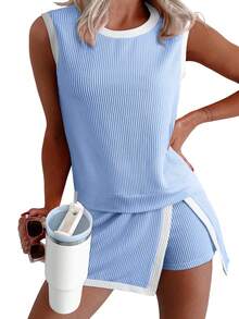 2026 European And American Women's Summer New Fashion Casual Suit Set: Short-Sleeved T-Shirt And Three-Quarter Length Pants (Two Pieces) - 淺藍色 - 查看 3