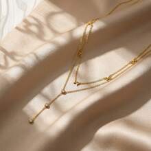 1pc Stainless Steel Bowknot Y-Shape Double-Layer Necklace, Fashion Jewelry Gift For Mom, Mother's Day Present - Gold - View 4