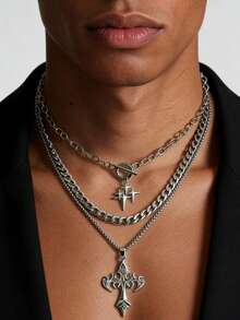 3pcs Fashionable Silver Cross & Star Pendant Necklaces, Stainless Steel, Suitable For Men's Casual, Dating, Party Wear, Holiday Gift, Fade Resistant - Silver - View 1