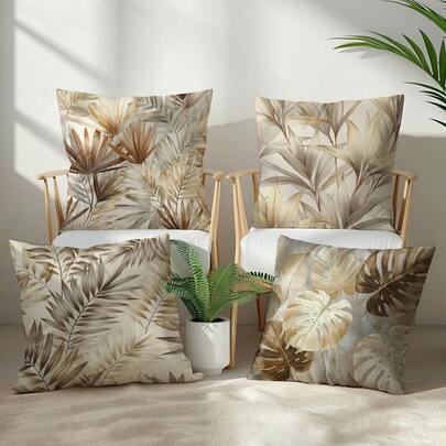 4 piezas Fundas de cojín vintage con estampado de hojas marrones, de terciopelo de melocotón impreso por un solo lado, de poliéster, de 45*45CM/18*18 pulgadas, para decoración de habitaciones, decoración minimalista moderna de sofá y sala de estar, regalo, fiesta