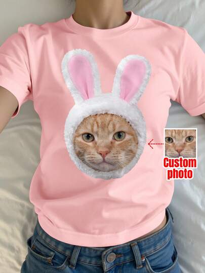 Áo thun in ảnh chủ đề Lễ Phục Sinh theo yêu cầu, tải ảnh dễ thương để biến thành tai thỏ, áo thun ngắn tay cổ tròn màu hồng in hình cá nhân hóa, áo thun quà tặng ngày Valentine, áo thun đôi theo yêu cầu, thêm ảnh và chữ yêu thích của bạn (ảnh bạn gái/ảnh cặp đôi/ảnh gia đình/ảnh tự sướng/ảnh thú cưng/ảnh bạn bè) để thiết kế áo thun in hình cá nhân hóa của riêng bạn.