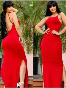 Long Ribbed Women's Dress With Built-In Bra, Spaghetti Straps, Open Back, Side Slit, Various Colors And Sizes, Casual. - Black - View 6
