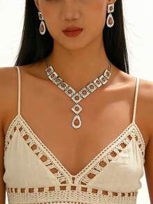 2pcs Vintage Chic Alloy Inlaid Women Long Y-Shaped Necklace, Sweater Chain & Earrings Jewelry Set, Suitable For Festivals, Parties, And Daily Matching - Silver + Brown - View 3
