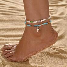 2pcs Bohemian Ocean Style Resin Beaded Alloy Starfish Pendant Anklet, Daily Wear - Multicolor - View 1