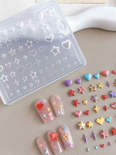 3D爱心星美甲硅胶模具，DIY树脂装饰品，多种尺寸心形星形美甲饰品制作工具，易于脱模，可重复使用，适用于美甲沙龙和家庭DIY
