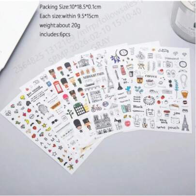 6pcs/Pack Watercolor Style Stickers, Travel Journal DIY Scrapbooking Sticker, 20g Non-Adhesive Office & School Supplies